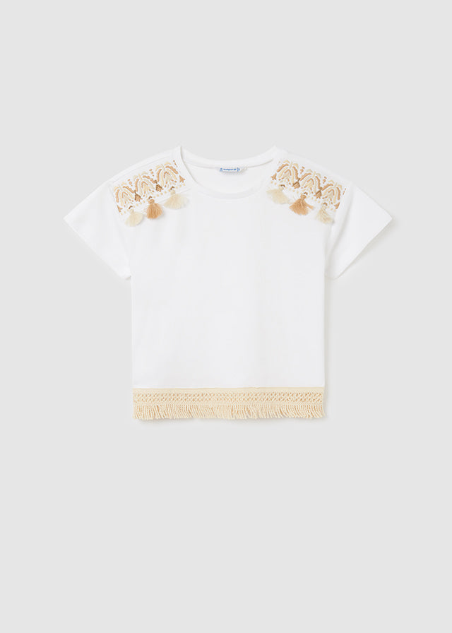 Playera manga corta con flecos de algodón sostenible para chica