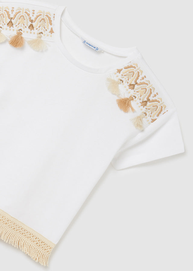 Playera manga corta con flecos de algodón sostenible para chica