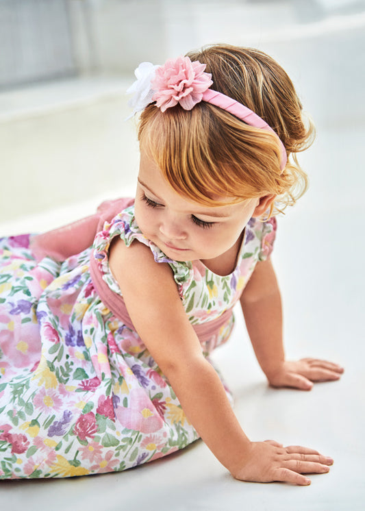 Vestido flores con fajín tul bebé