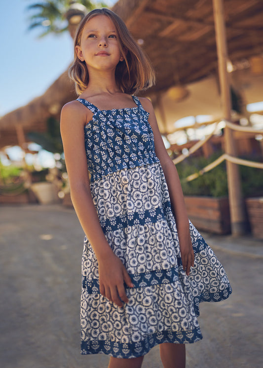 Vestido combinado estampado de algodón para chica